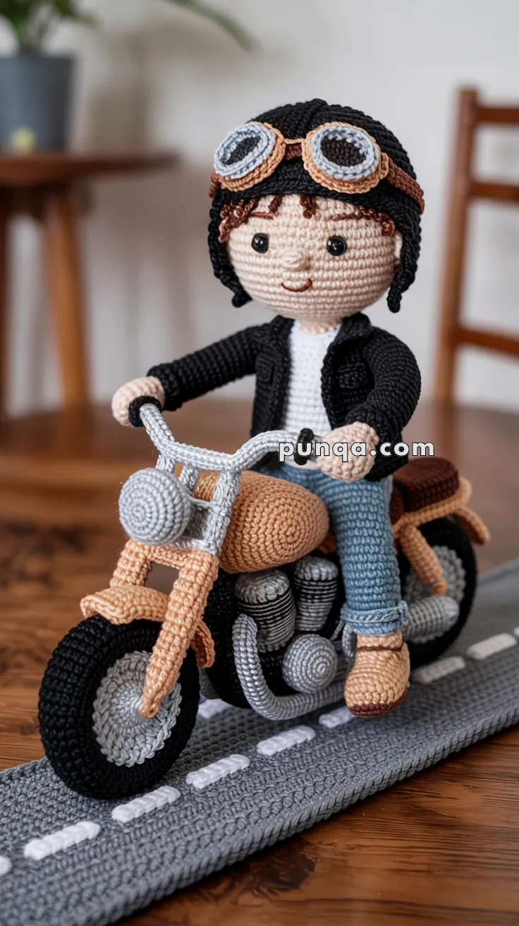 A crocheted doll wearing a black jacket and goggles sits on a crocheted motorcycle, placed on a crocheted road surface, with a cozy indoor setting.