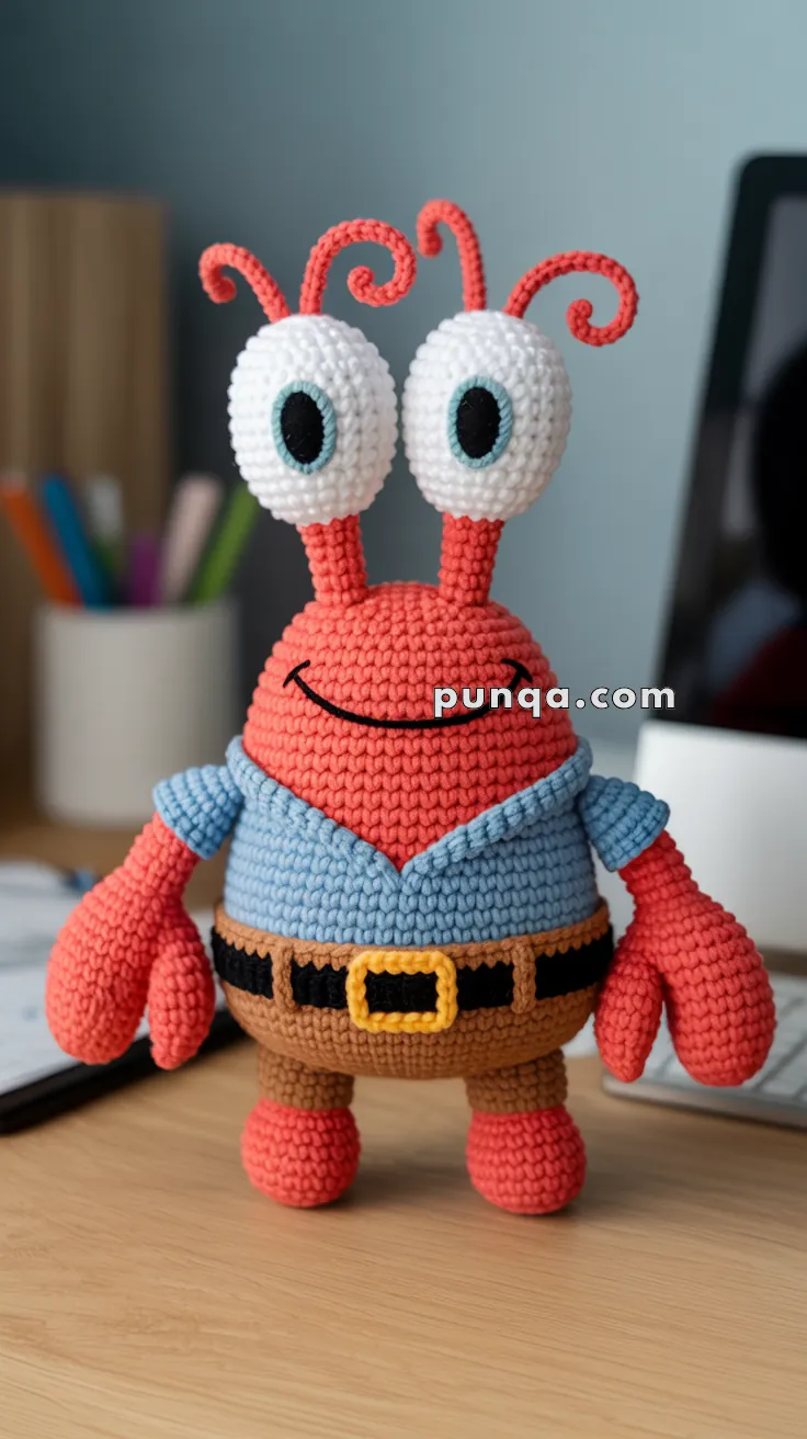 A crocheted toy crab with large eyes, wearing a blue shirt and brown shorts with a belt, placed on a wooden desk.