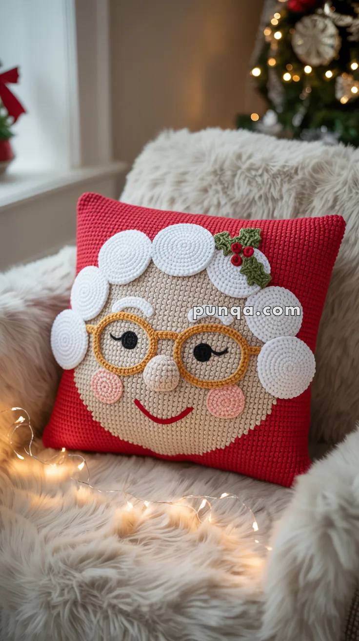 A decorative cushion featuring a crochet design of a smiling face with round glasses and white hair, adorned with holly leaves and berries, set on a red background, placed on a fluffy chair with holiday lights and a Christmas tree in the background.