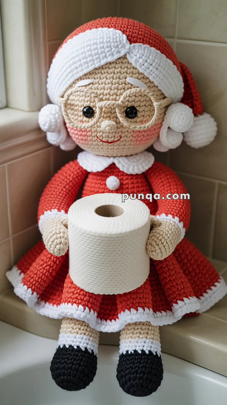 A crocheted Mrs. Claus doll wearing red and white attire, holding a roll of toilet paper, sitting on a tiled bathroom ledge.