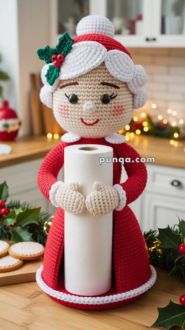 A crochet figure designed like a cheerful, elderly woman holding a roll of paper towels. The figure is dressed in a red and white outfit with Christmas-themed decorations, including a holly accent on her hair. The setup is on a kitchen counter with festive decor in the background.