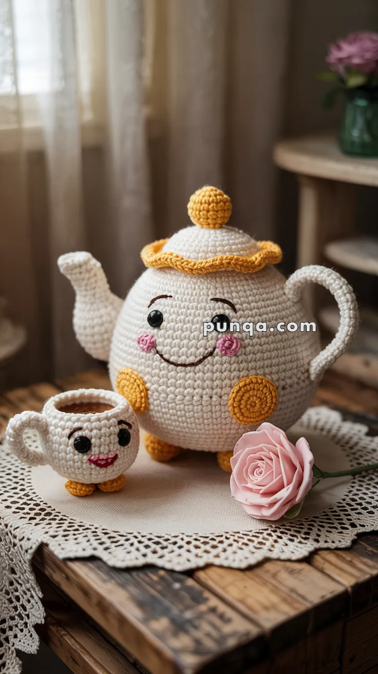 A crocheted teapot and teacup with smiling faces and yellow accents, placed on a crocheted doily with a pink rose beside them.