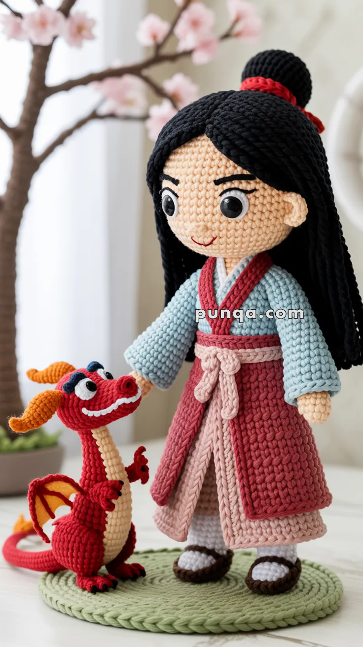 A crocheted doll of a young woman with long black hair in traditional attire, standing on a green mat and holding hands with a small crocheted dragon. Cherry blossoms are visible in the background.