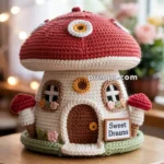 A crocheted mushroom house with a red cap, white windows, a brown door, and a "Sweet Dreams" sign, set on a wooden stool against a blurred background with flowers and fairy lights.
