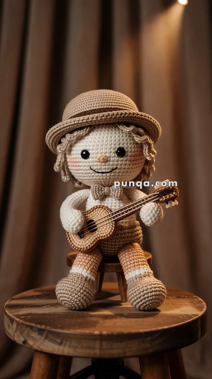 A crocheted musician doll sits on a wooden stool, holding a small guitar. The doll is dressed in a beige top hat, bow tie, and shorts, with a cheerful smile and rosy cheeks. It has curly yarn hair and wears matching shoes and socks. The background is softly lit with brown drapes.