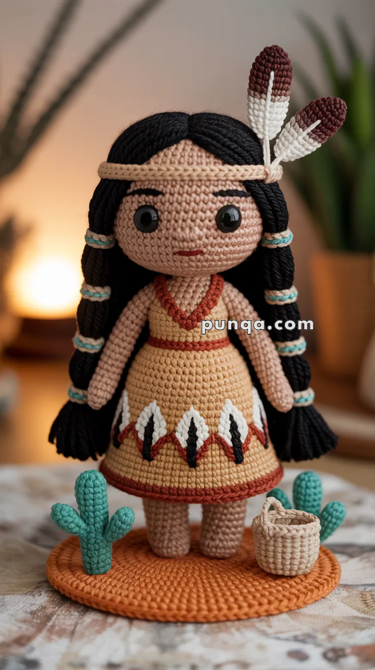 A handmade crochet doll with braided black hair, wearing a tan dress decorated with black and red patterns and two white feathers in her headband. The doll stands on a crocheted orange mat, accompanied by small crocheted cactus plants and a basket.
