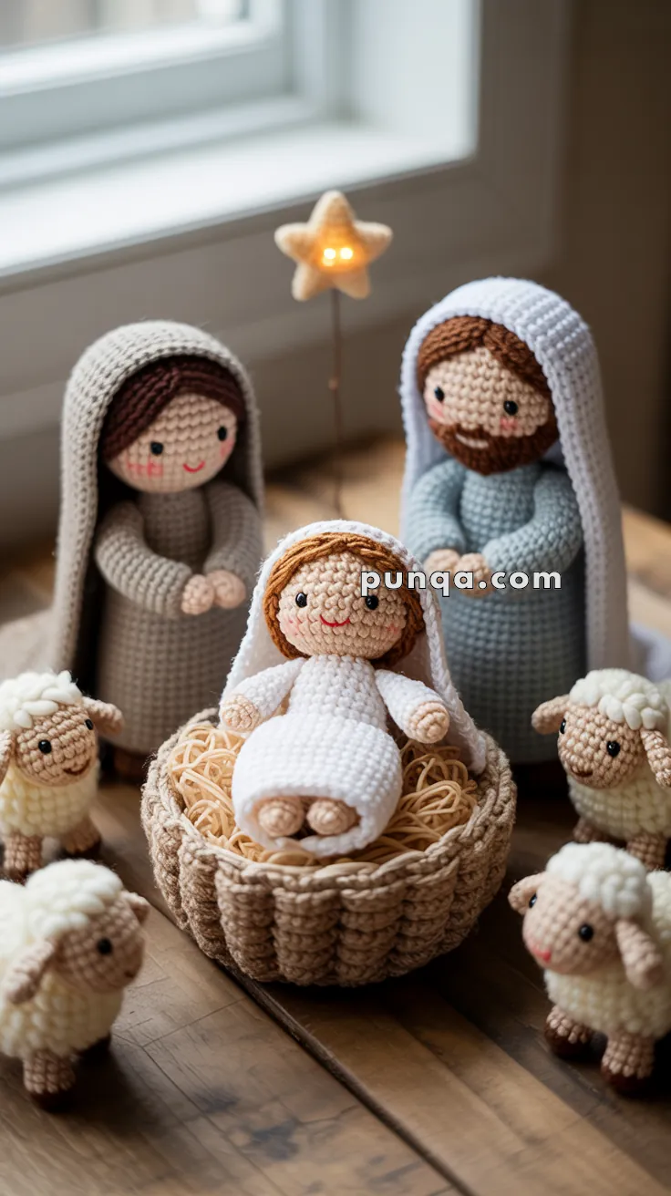 Crocheted nativity scene featuring a baby in a manger surrounded by figures representing Mary and Joseph, with several sheep figures around them.