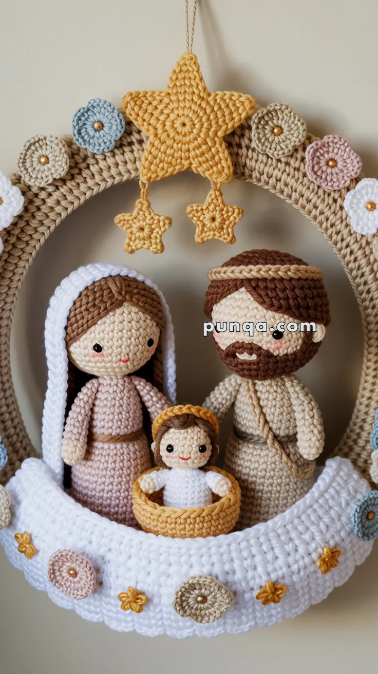 A crocheted wreath featuring a nativity scene with figures representing Mary, Joseph, and baby Jesus, surrounded by decorative flowers and stars.