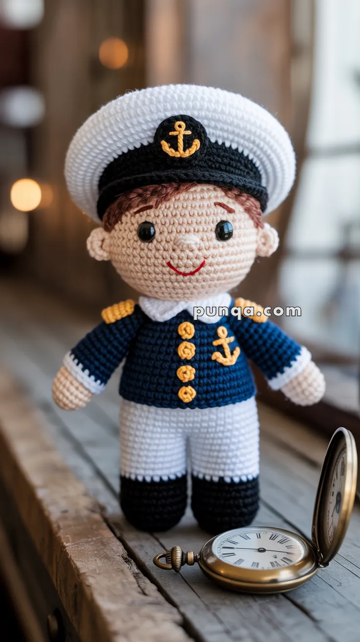 A crocheted doll dressed in a navy uniform with gold anchor and buttons, complete with a sailor hat, standing next to an antique pocket watch on a wooden surface.
