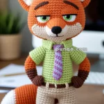 A crocheted fox toy wearing a green shirt and purple tie, with brown pants, standing on a wooden surface. The background is a blurred indoor setting.