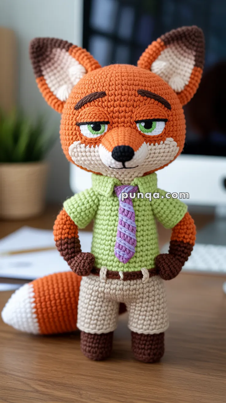 A crocheted fox toy wearing a green shirt and purple tie, with brown pants, standing on a wooden surface. The background is a blurred indoor setting.