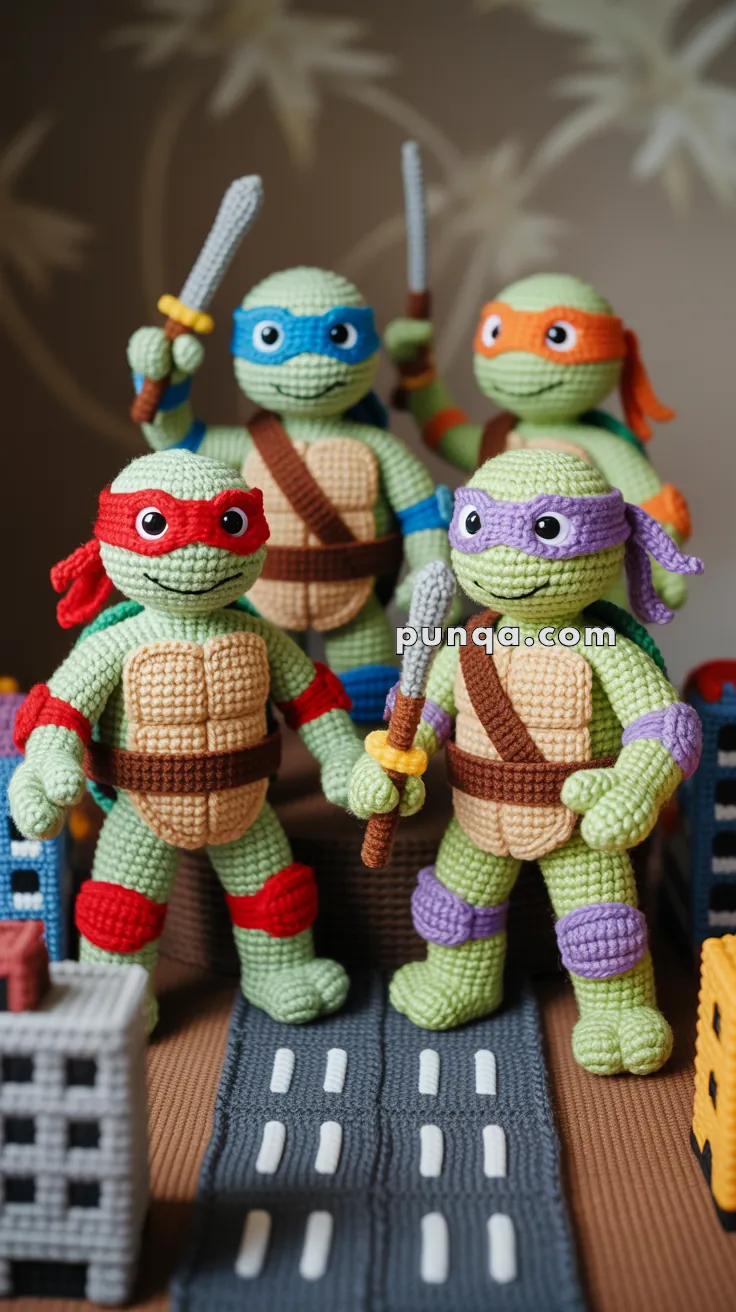 Four crocheted ninja turtle dolls, each uniquely colored with eye masks and weapons, stand on a knitted road with toy buildings around them, against a patterned background.