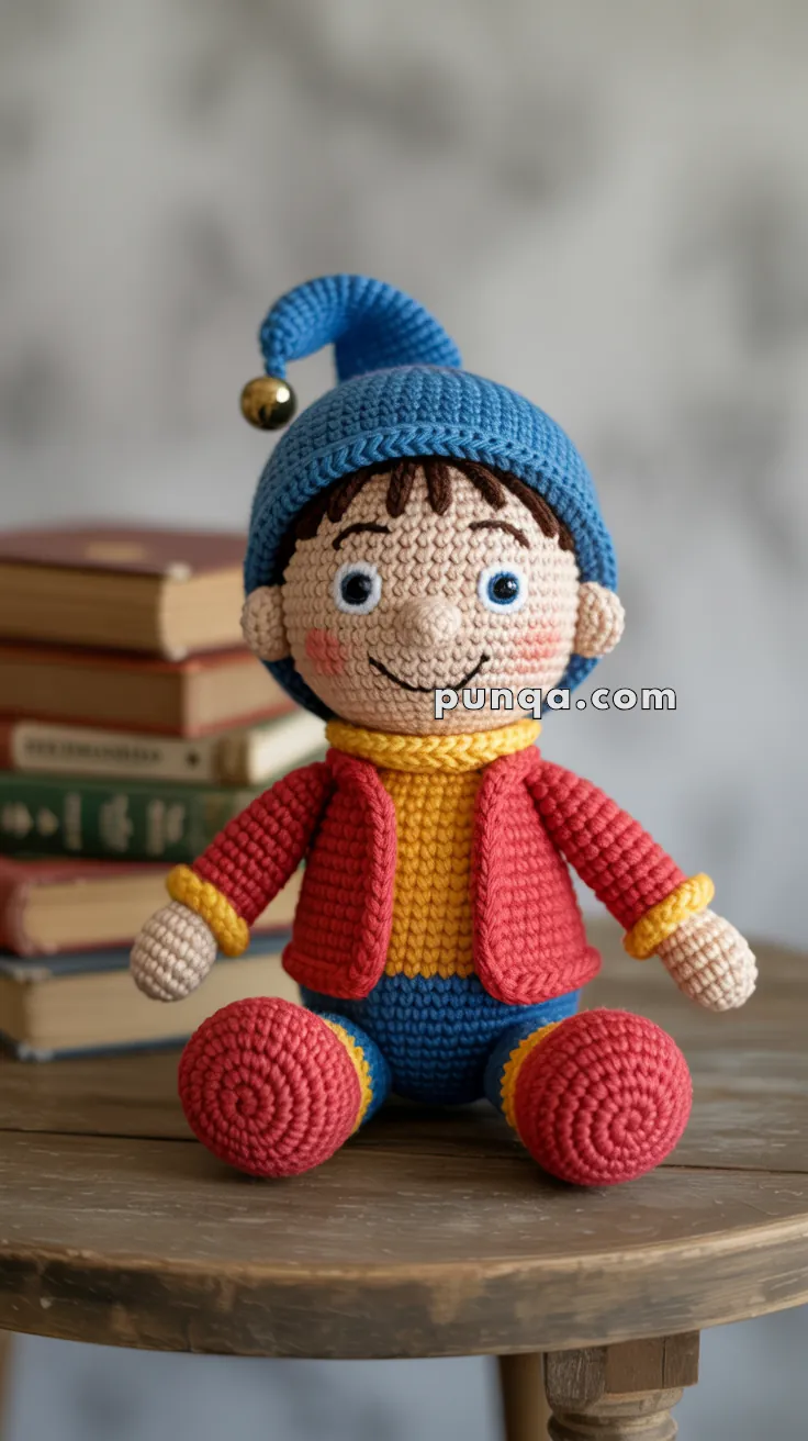 A crocheted doll with a blue hat adorned with a bell, featuring brown hair, blue eyes, and a cheerful expression. The doll wears a red jacket, yellow shirt, and blue pants with yellow cuffs, seated on a wooden table next to a stack of books.