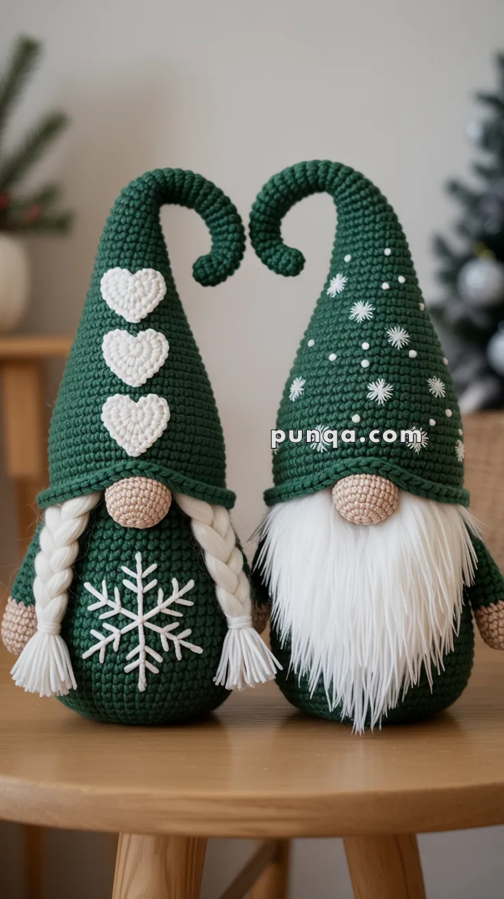 Two crochet gnomes with green hats; one with white hearts and braids, the other with snowflakes and a long beard.