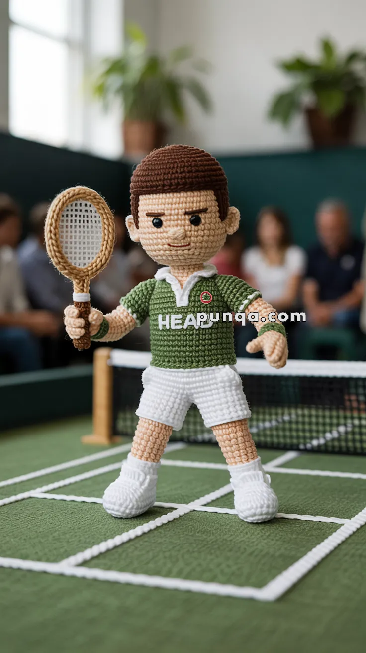 A crocheted tennis player doll standing on a tennis court, holding a racket in one hand, with a green and white outfit and an audience blurred in the background.