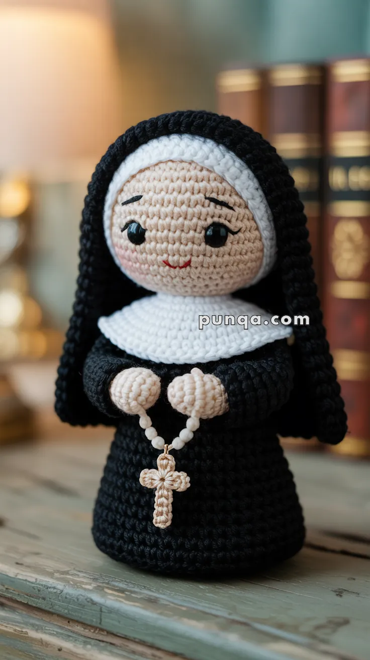 A crocheted doll of a nun in a black habit, holding a cross with a beaded chain, placed on a wooden surface with books in the background.