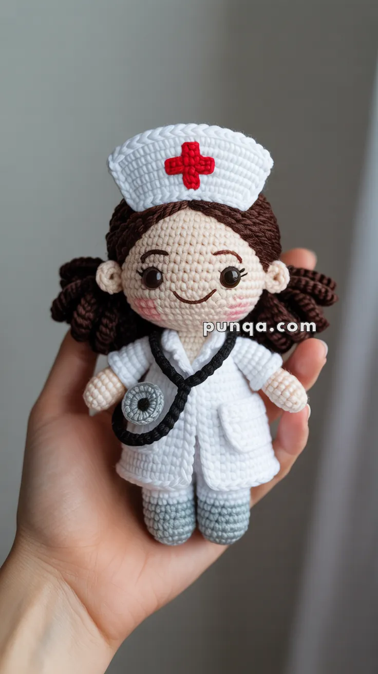 A hand holding a crocheted doll dressed as a nurse, wearing a white outfit with a red cross on the hat and a stethoscope around the neck.