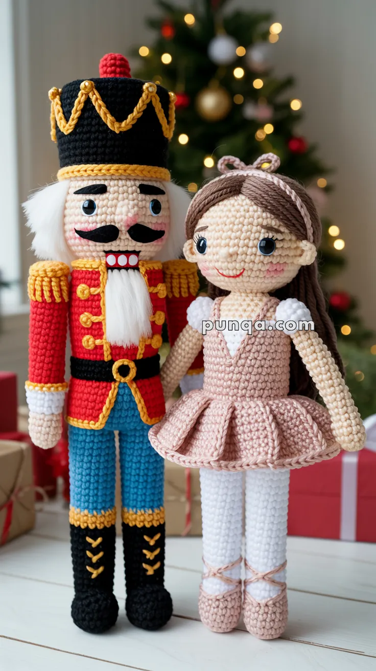 Crocheted Nutcracker and ballerina dolls standing in front of a decorated Christmas tree with lights.