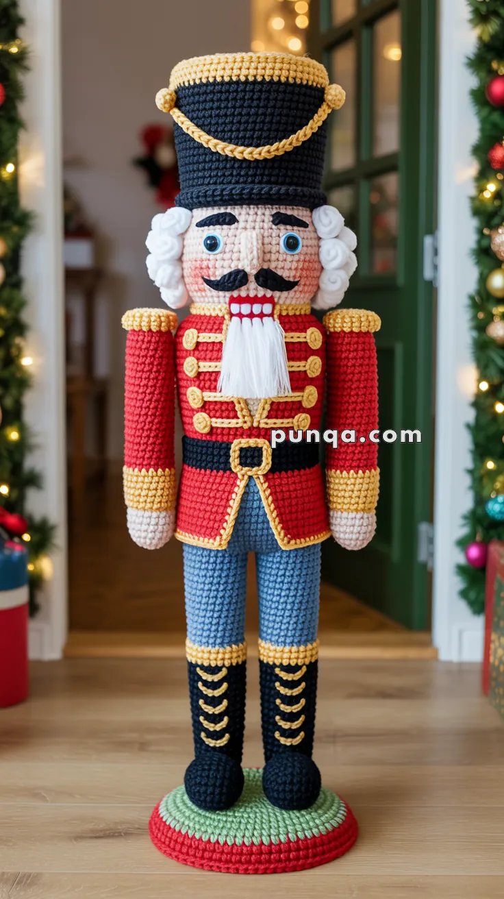A crocheted nutcracker soldier with a red jacket, blue pants, and a tall black hat stands on a circular base, surrounded by Christmas decorations.