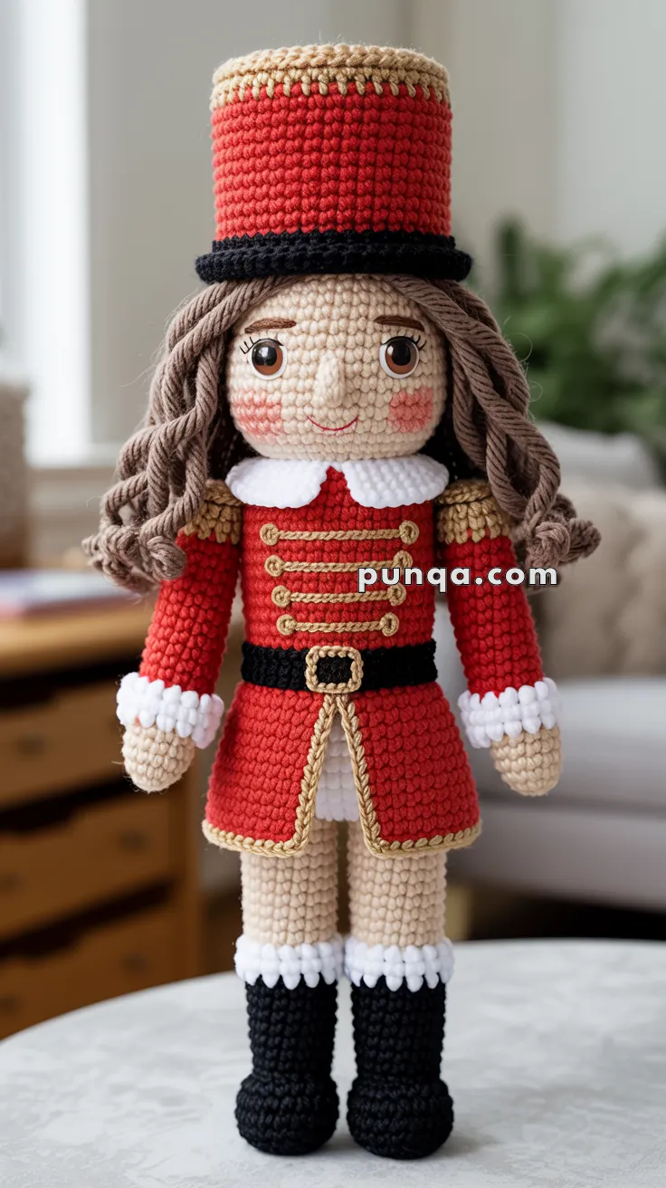 Crocheted toy soldier with a red uniform, tall hat, and long curly hair, standing upright on a patterned surface.