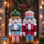 Two crocheted nutcracker dolls in blue and red uniforms stand on a snowy doorstep, surrounded by festive lights, a lit lantern, and a decorative wreath with pinecones and a red bow on the door behind them.