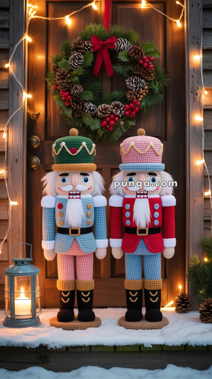 Two crocheted nutcracker dolls in blue and red uniforms stand on a snowy doorstep, surrounded by festive lights, a lit lantern, and a decorative wreath with pinecones and a red bow on the door behind them.