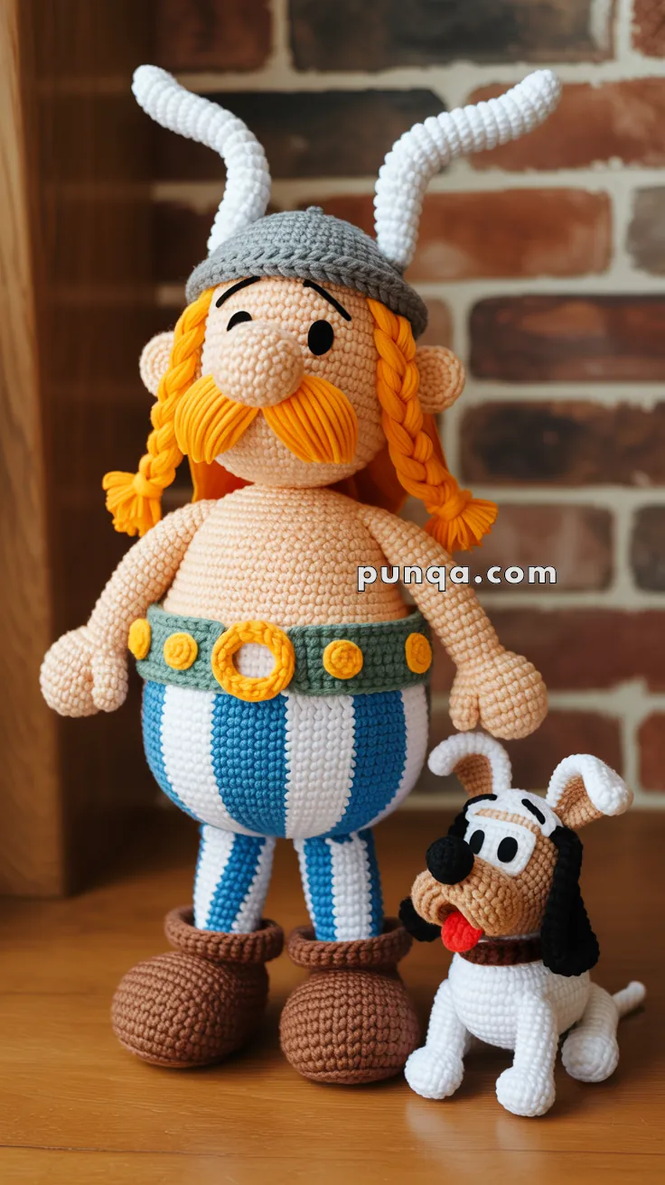 A crocheted doll of a character with a horned helmet, orange mustache, and striped pants, standing next to a small crocheted dog with floppy ears, set against a brick wall background.