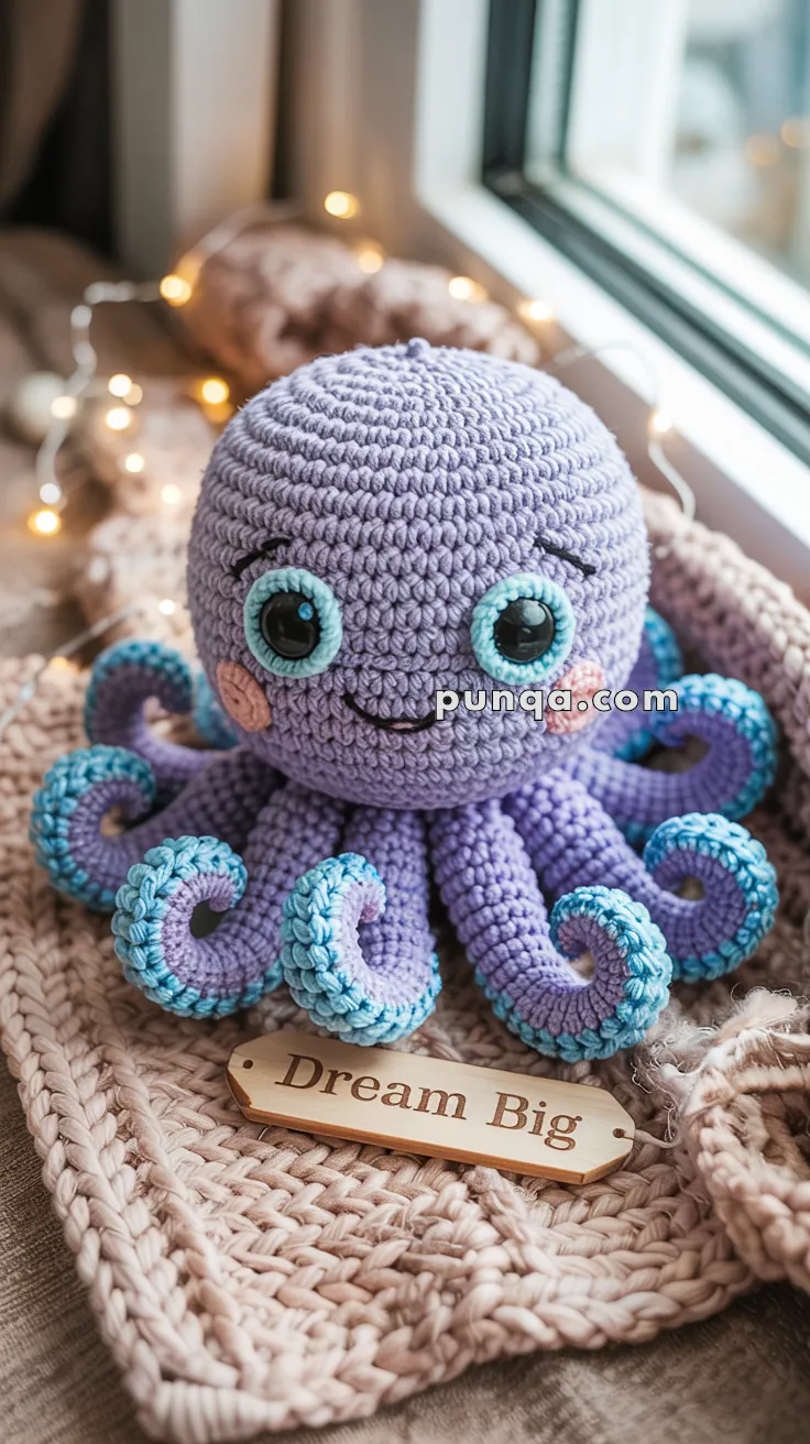 A cute purple crocheted octopus with blue and turquoise-tipped tentacles, large eyes, and a smiling face sits on a knitted surface beside a wooden plaque that reads "Dream Big."