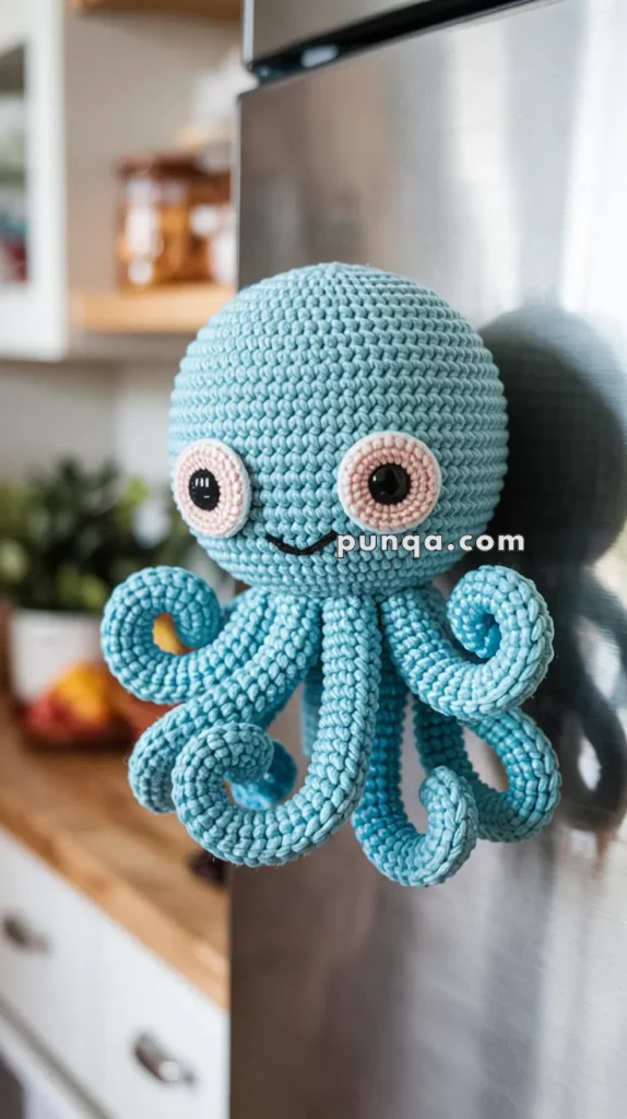 A crocheted blue octopus with cute large eyes and a smile is attached to a stainless steel refrigerator door, with a kitchen setting in the background.