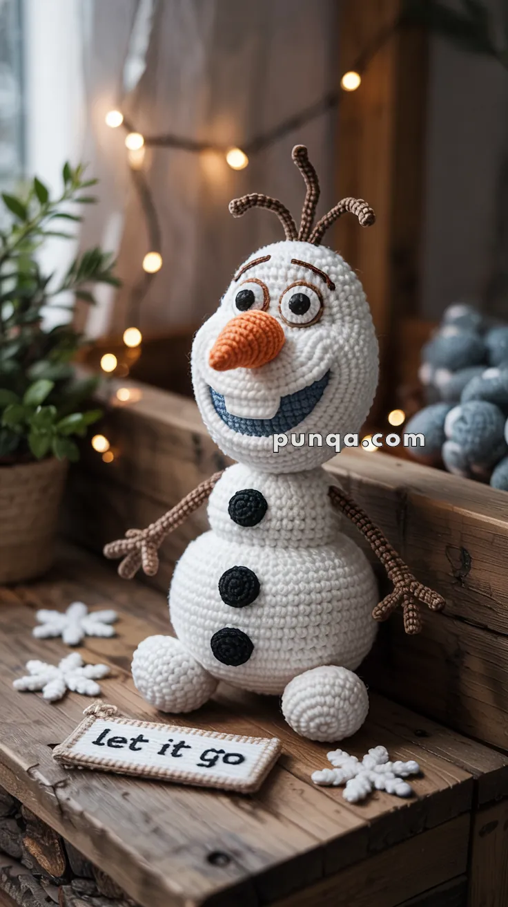 A crochet snowman with an orange carrot nose and stick arms, sitting on a wooden surface next to a sign reading 'let it go' and decorative snowflakes, with a potted plant and string lights in the background.