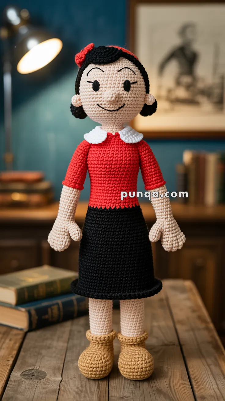 A crocheted doll with a smiling face, wearing a red top with white collar, black skirt, red hat, and yellow shoes, standing on a wooden table with books and a lamp in the background.