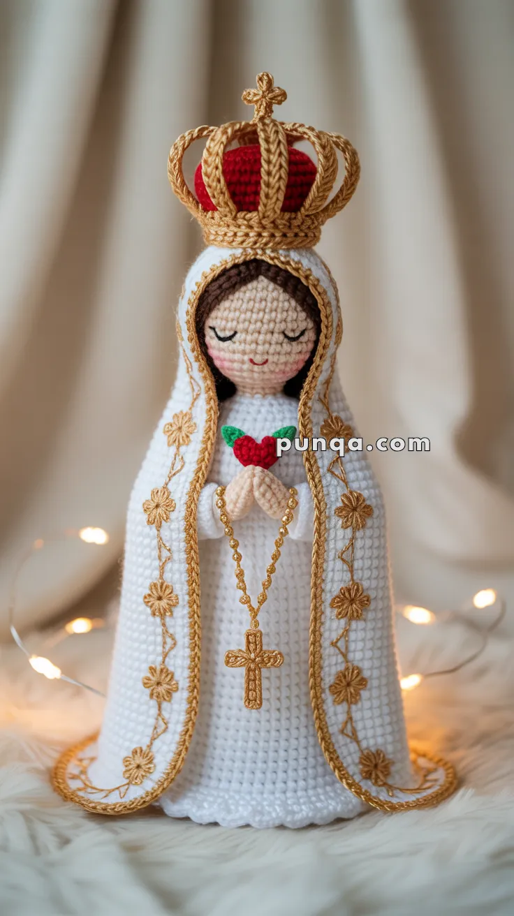 Crocheted figurine of a person with a crown, holding a red heart, wearing a white robe with gold trim and floral patterns, and a rosary hanging from their hands.