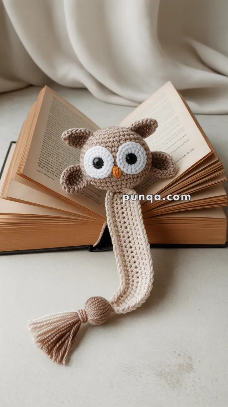 An open book with a crocheted owl bookmark featuring large eyes, an orange beak, and a tassel at the end.
