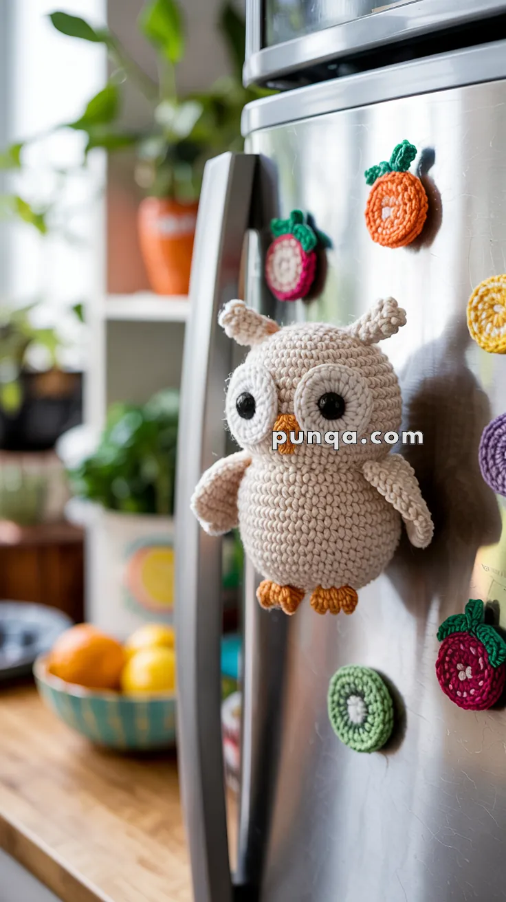 A crocheted owl magnet attached to a refrigerator surrounded by other colorful crocheted fruit magnets, with a bowl of oranges and lemons in the background.