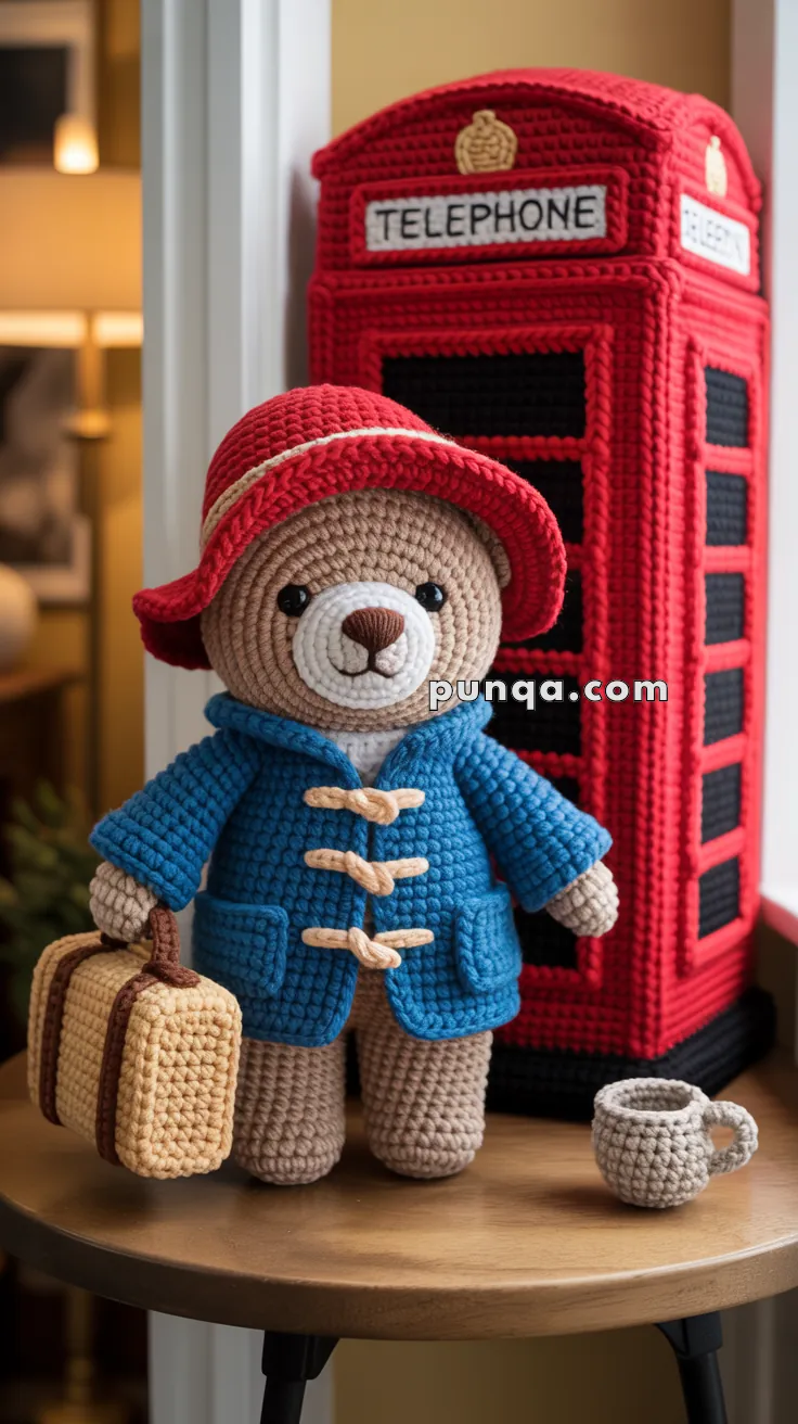 A crocheted teddy bear wearing a red hat and blue coat, holding a beige suitcase, stands next to a crocheted red telephone booth on a table with a small crocheted cup.