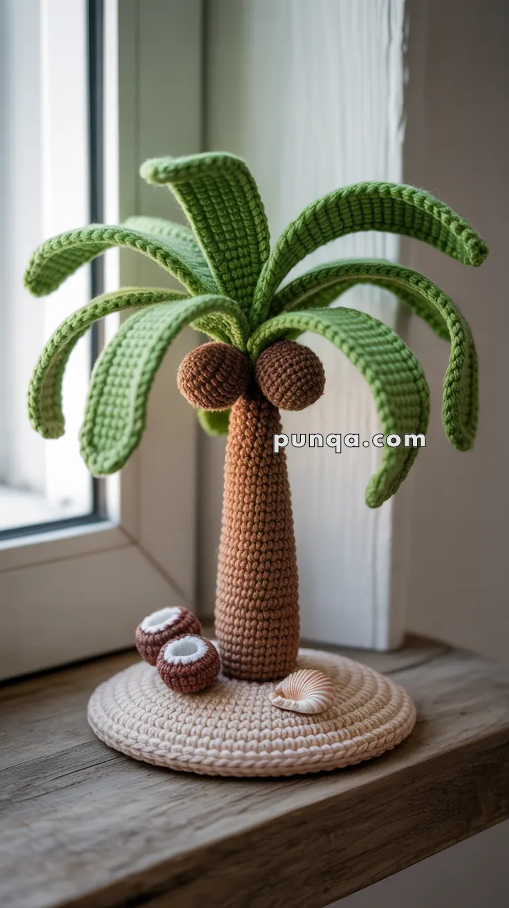 A crocheted palm tree with brown coconuts and green leaves on a circular beige base, placed on a wooden windowsill.