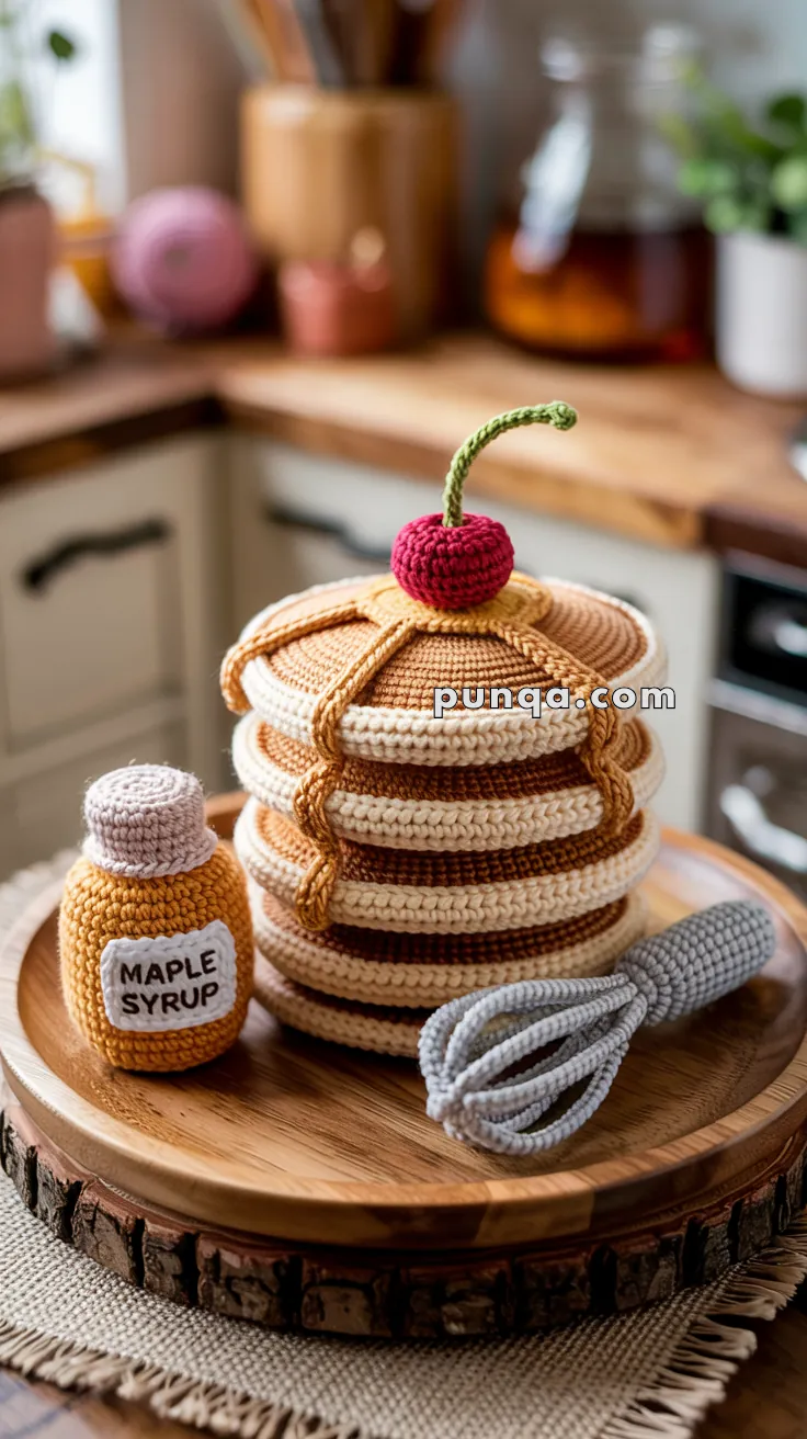 Crocheted stack of pancakes with syrup and a cherry on top, accompanied by a crocheted bottle of maple syrup and a whisk, set on a wooden plate in a kitchen setting.