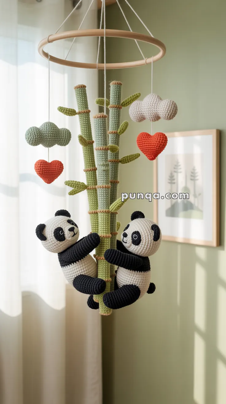A crochet mobile featuring two pandas climbing a knitted bamboo stalk, along with hanging hearts and clouds, suspended from a circular wooden frame in a softly lit room.