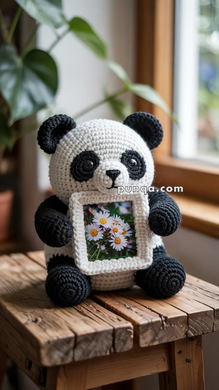 A crocheted panda sitting on a wooden stool, holding a small photo frame with a picture of white daisies.