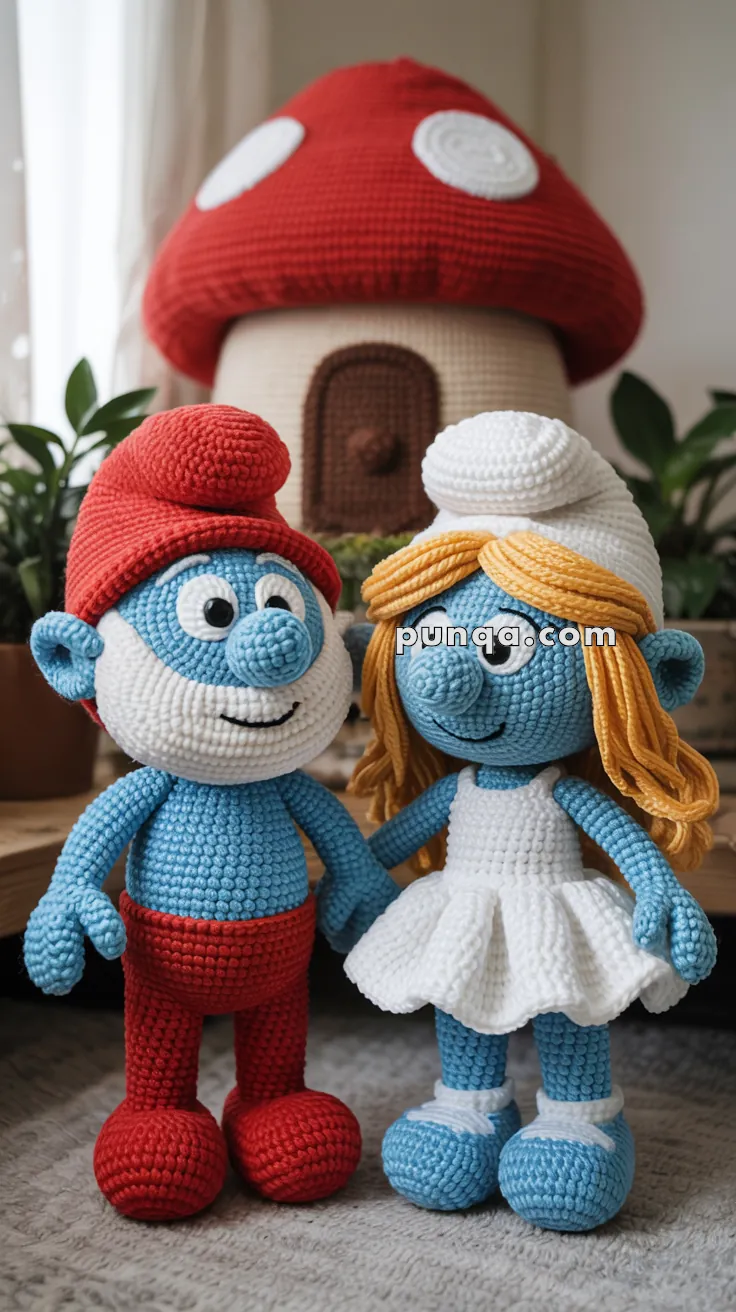 Crocheted Papa Smurf and Smurfette characters with a mushroom-shaped house in the background; one wears a red hat and pants, the other has long yellow hair and a white dress.