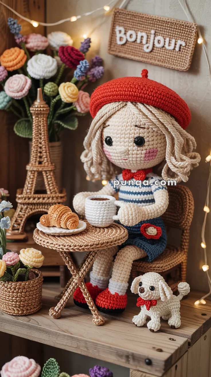 Crochet doll wearing a red beret with a striped shirt, sitting at a small table with a coffee and a croissant. A small crochet dog is beside the table, and an Eiffel Tower model and flowers are in the background. A "Bonjour" sign is displayed above.