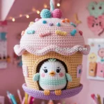 A crocheted birdhouse shaped like a cupcake with pastel colors, featuring a small crocheted penguin sitting inside. The birdhouse is decorated with colorful yarn sprinkles and is hanging from a twisted pastel rope. The background has a soft pink theme with various decorative items and lights.