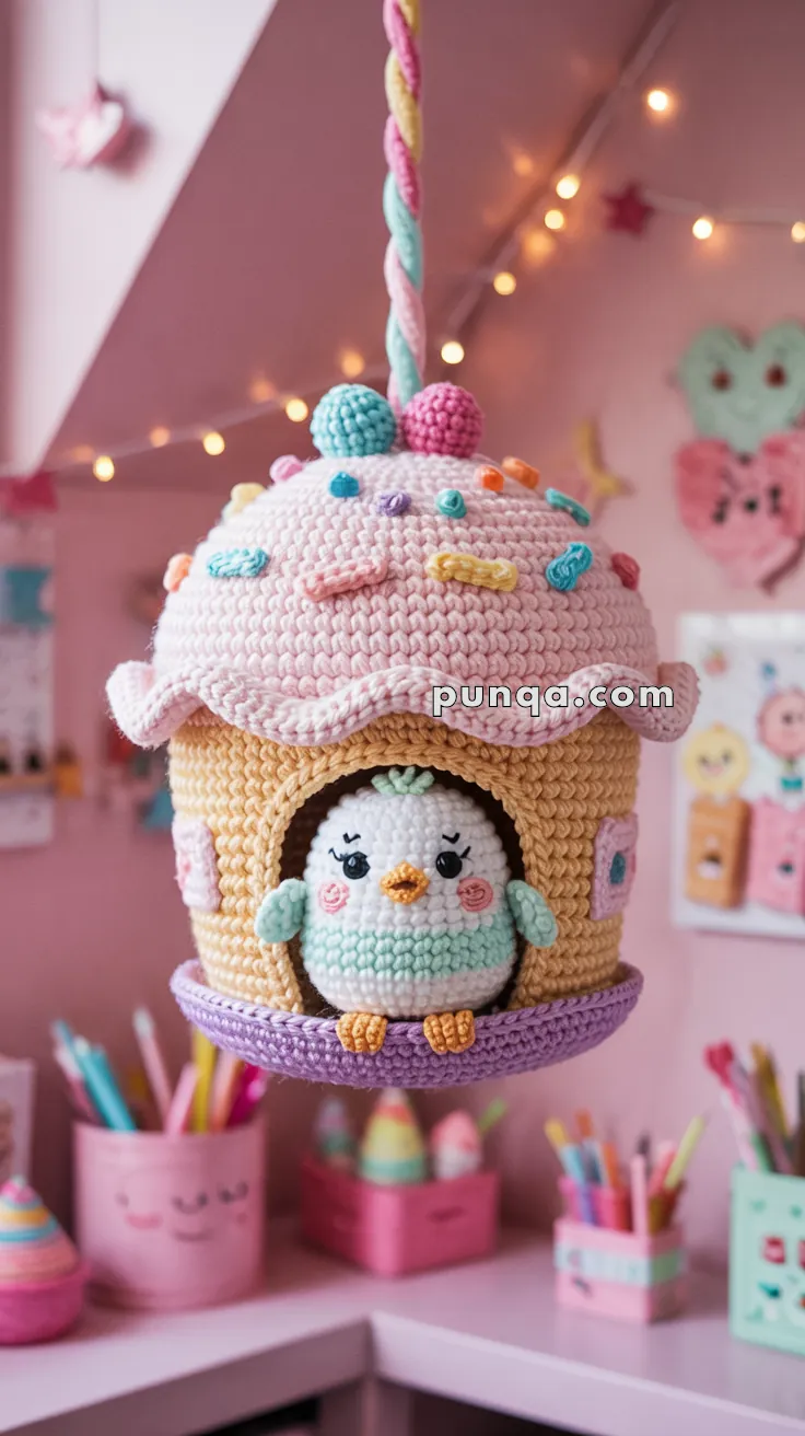 A crocheted birdhouse shaped like a cupcake with pastel colors, featuring a small crocheted penguin sitting inside. The birdhouse is decorated with colorful yarn sprinkles and is hanging from a twisted pastel rope. The background has a soft pink theme with various decorative items and lights.