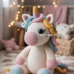 A crocheted unicorn plush toy with a colorful mane and tail sits on a fluffy blanket in a cozy room with soft lighting and a star mobile hanging in the background.