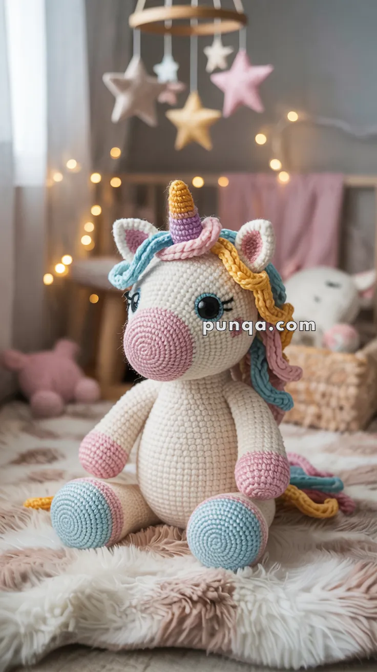 A crocheted unicorn plush toy with a colorful mane and tail sits on a fluffy blanket in a cozy room with soft lighting and a star mobile hanging in the background.
