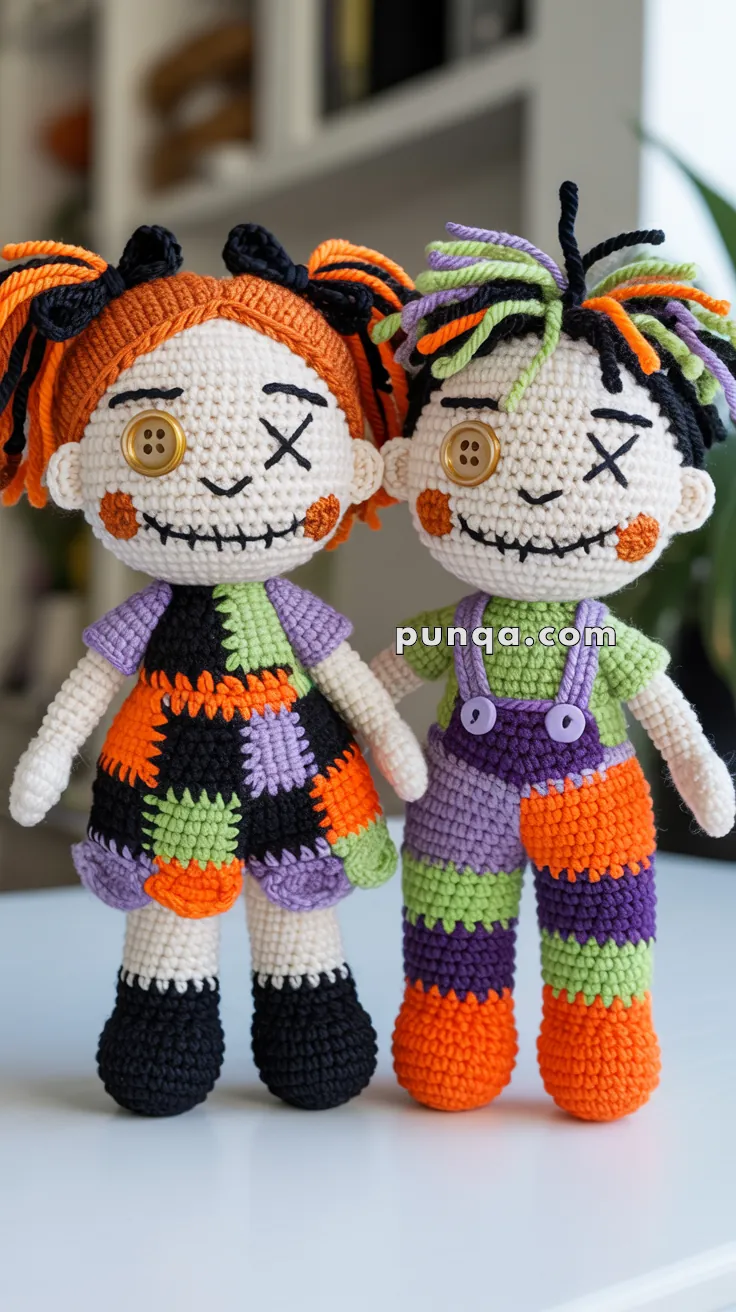 Two crocheted dolls with playful, mismatched outfits in Halloween colors; one doll with orange and black hair, a button eye, and a patchwork dress, and the other with multicolored hair, button eyes, and striped overalls, standing side by side on a table.