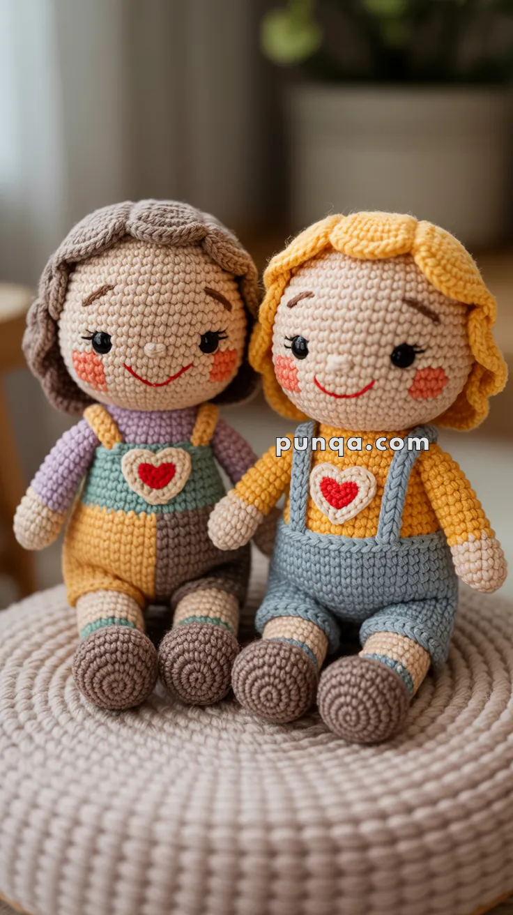 Two handmade crochet dolls sitting on a knitted cushion, each with cheerful facial expressions, colorful clothing, and a heart emblem on their chests.