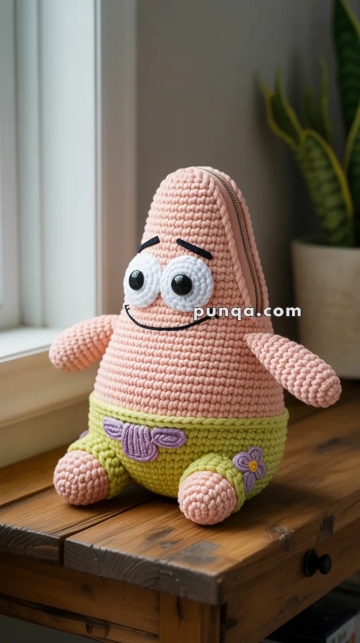A knitted plush toy resembling a pink starfish character with large eyes and a smiling face, dressed in green shorts with a purple flower, sitting on a wooden table next to a plant.