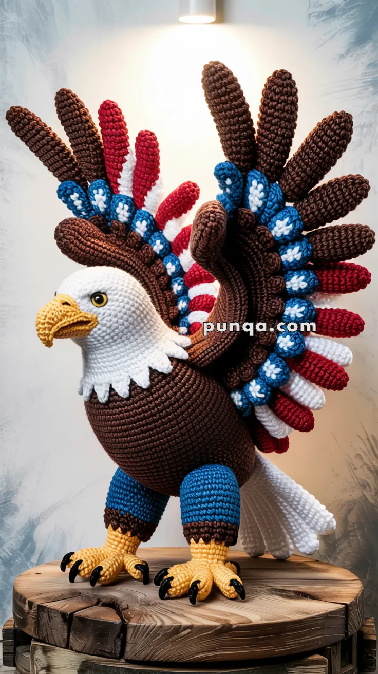 A crocheted eagle with red, white, and blue wings and brown feathers, sitting on a wooden platform under a warm light.