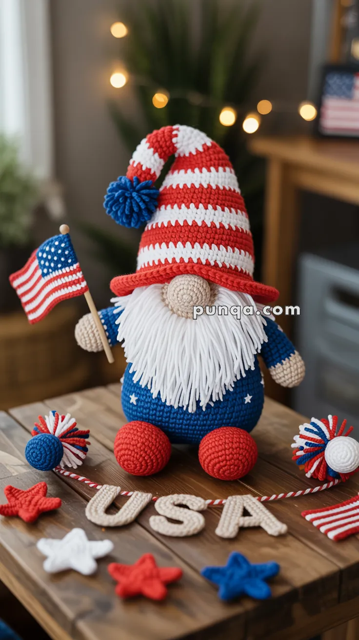 A crocheted gnome wearing a red, white, and blue striped hat holds a small American flag. It has a white beard, blue body with star patterns, and red feet, sitting on a wooden table adorned with decorative stars and the letters 'USA' in crochet. Twinkling lights are visible in the blurred background.